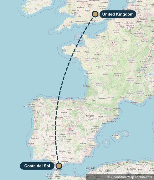 Map showing the removal route between the United Kingdom and the Costa del Sol, with PSR Relocation’s depot in Manilva
